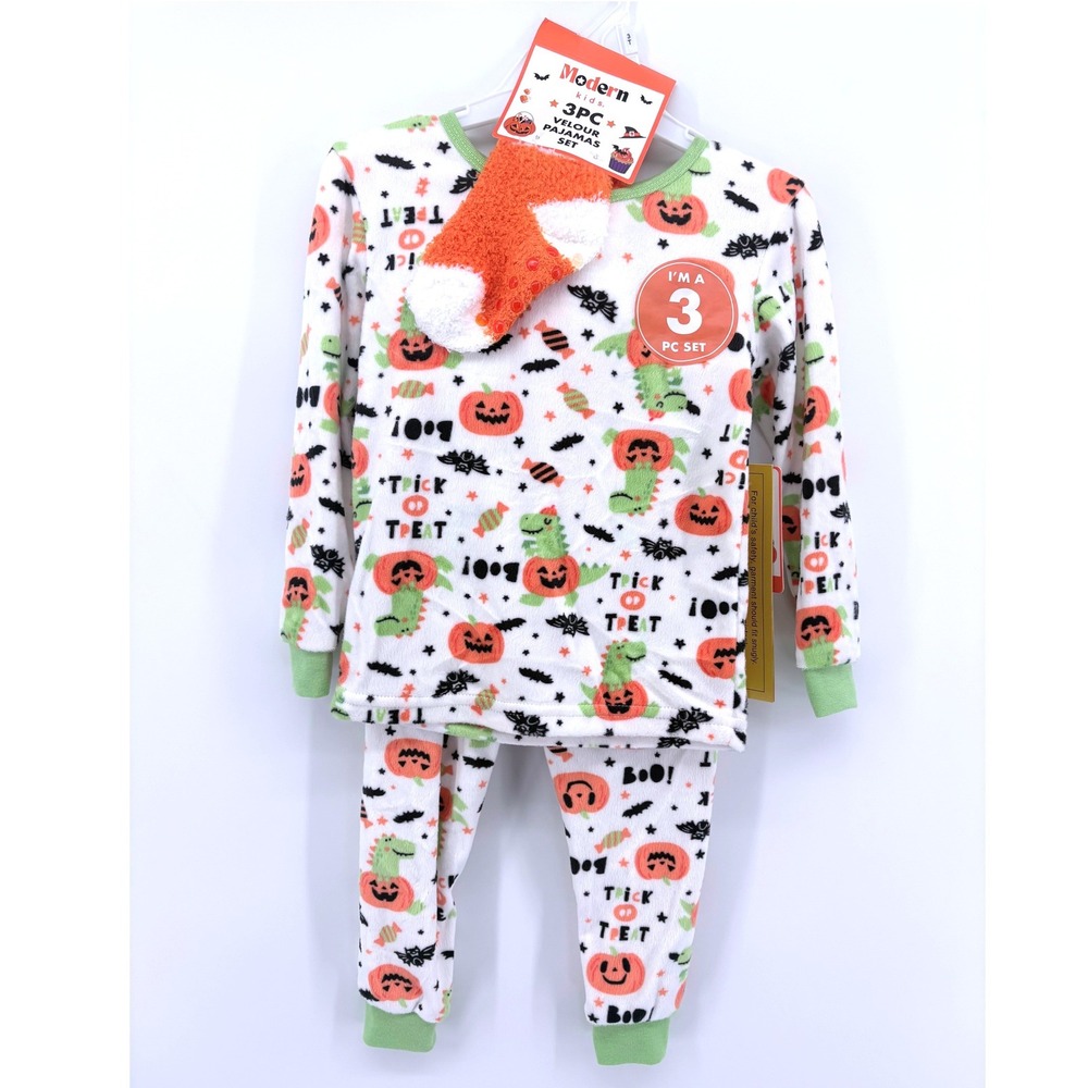 Modern Kids 3PC Halloween Velour Pajamas Set Pumpkins Bats Dinosaur 3T NEW